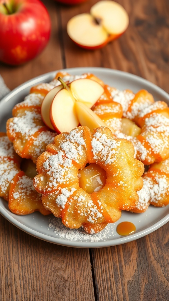 Golden apple fritters dusted with powdered sugar on a rustic plate, garnished with apple slices.